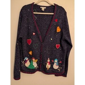 Reference Point Vintage Snowman‎ Christmas  Navy Knit Cardigan Sweater XL